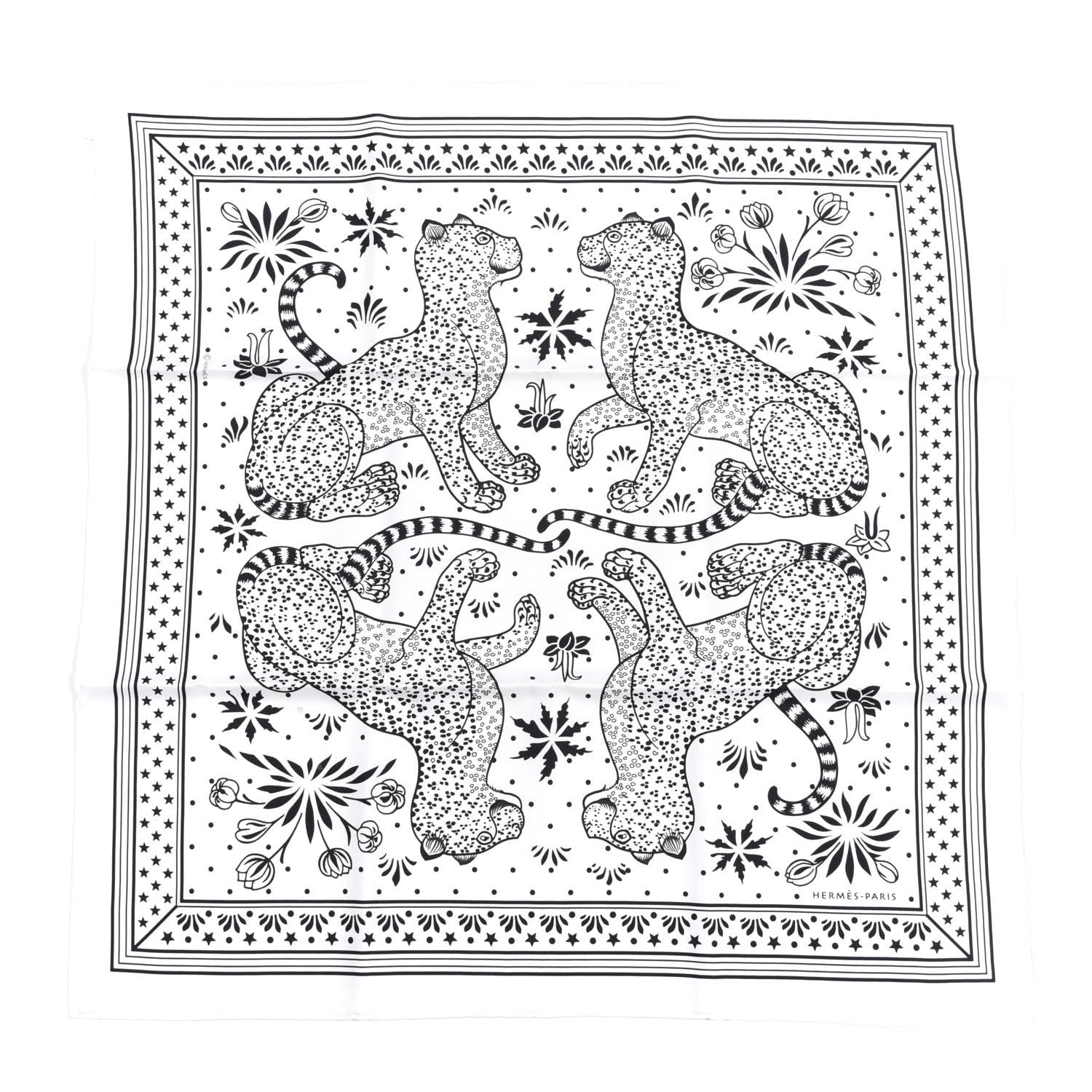 Hermes Silk Les Leopards Bandana Scarf 55 White Black 1 of 5