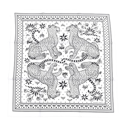 Hermes Silk Les Leopards Bandana Scarf 55 White Black 1 of 5