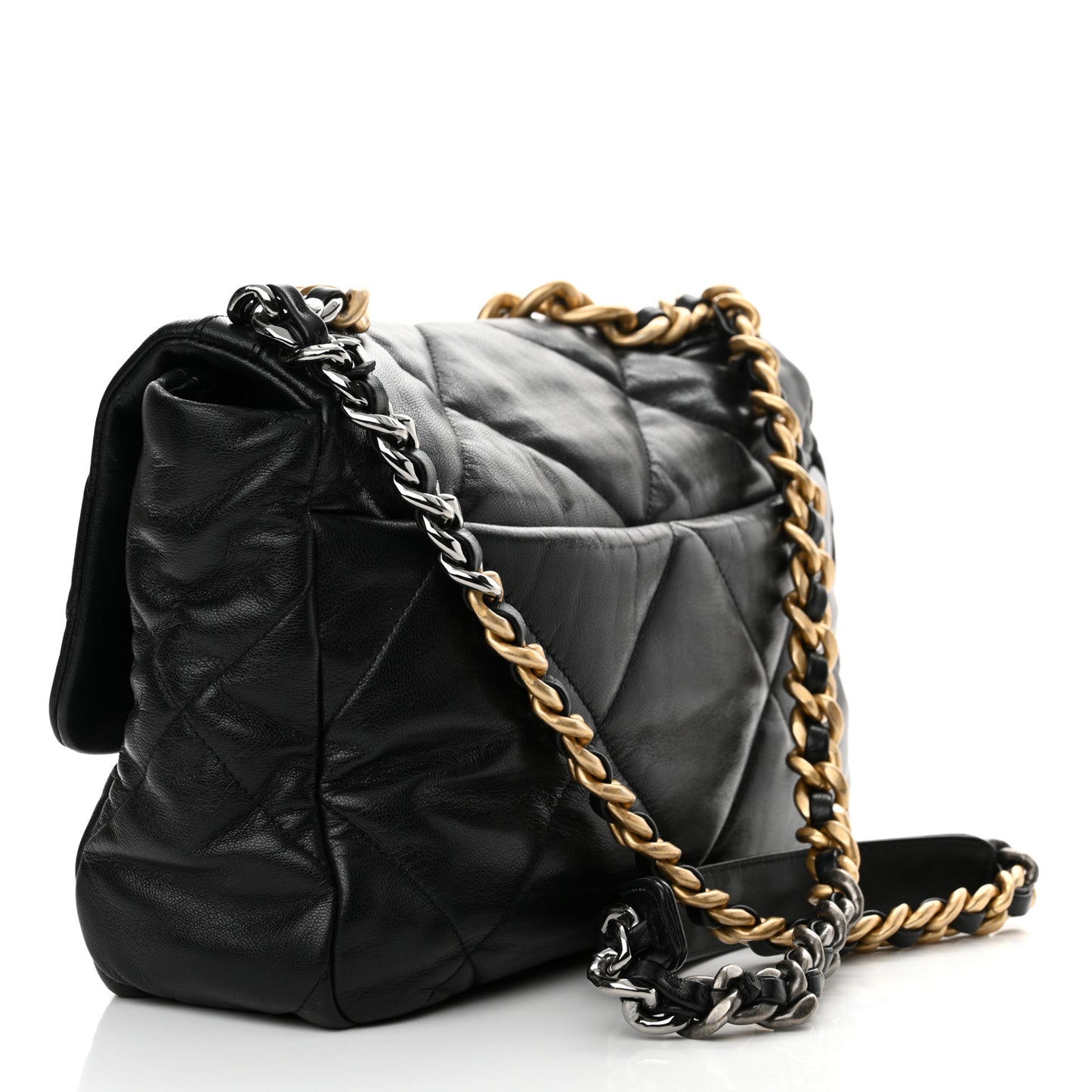 Shiny Goatskin Quilted Large Chanel 19 Flap Black