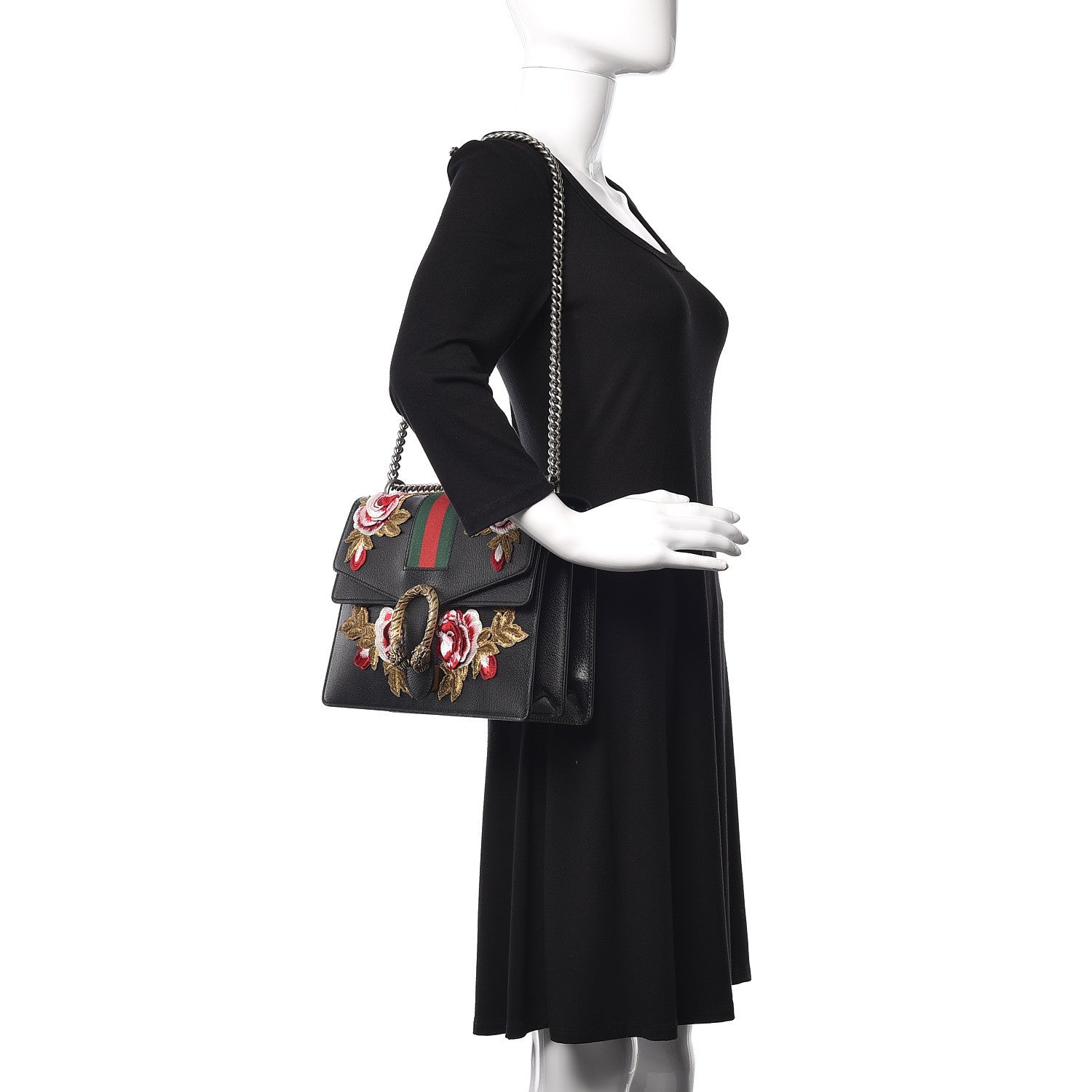 Gucci Calfskin Web Floral Embroidered Medium Dionysus Shoulder Bag Black 2 of 16
