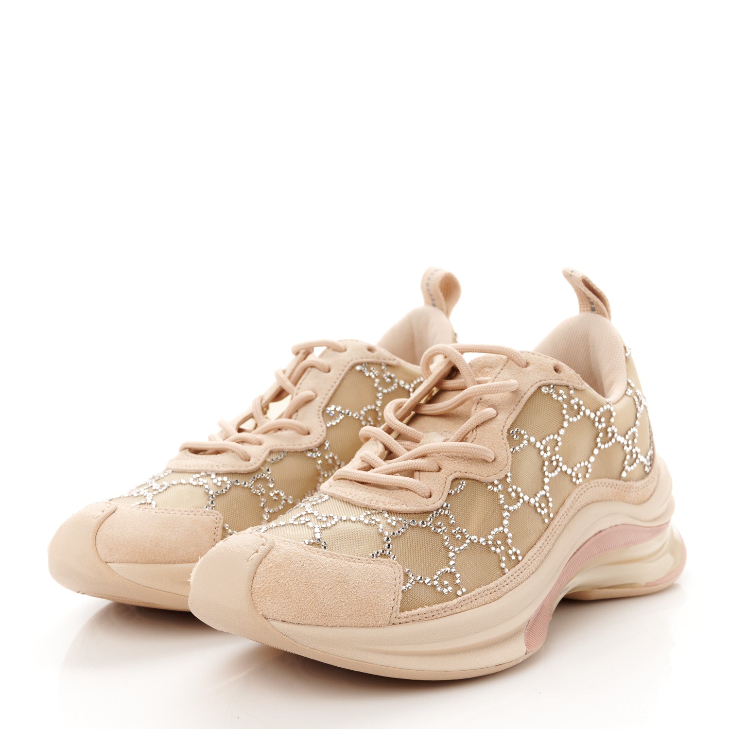 Gucci Tela Retino Mesh Crystal Suede GG Monogram Womens Gucci Run Sneakers 36.5 Light Powder Skin Rose Silver 3 of 10