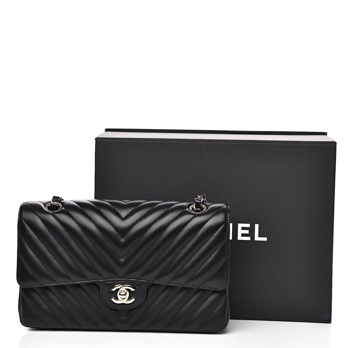 Lambskin Chevron Quilted Medium Double Flap Black