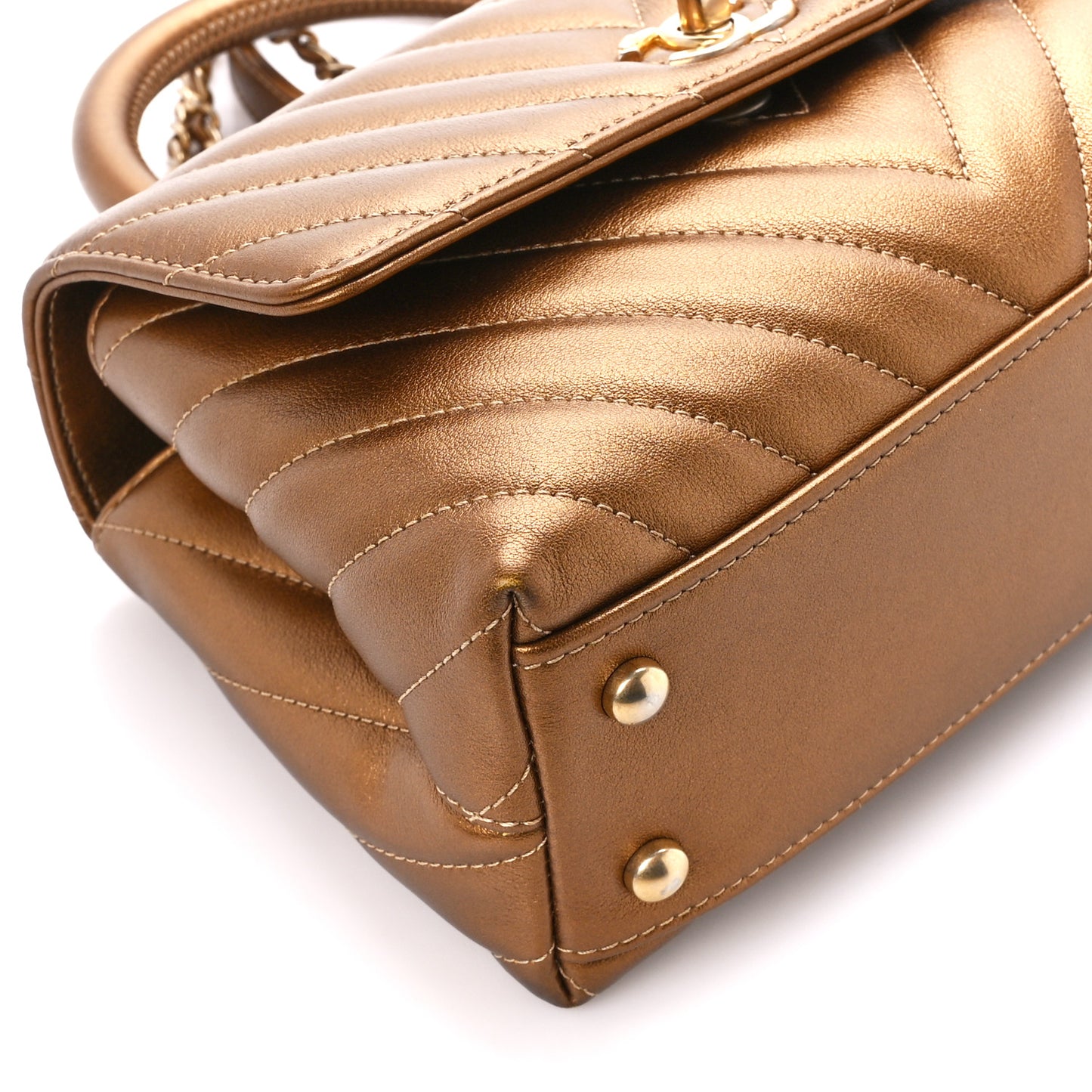 Metallic Calfskin Chevron Quilted Mini Coco Handle Flap Gold