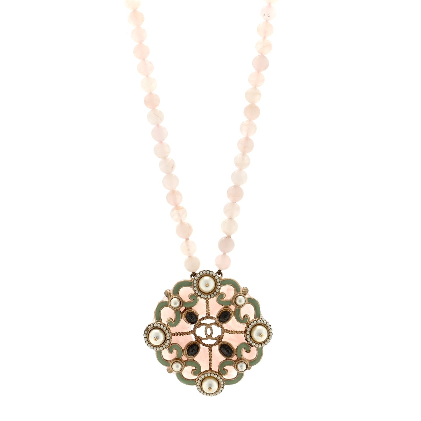 Rose Quartz Pearl Crystal CC Pendant Necklace Gold