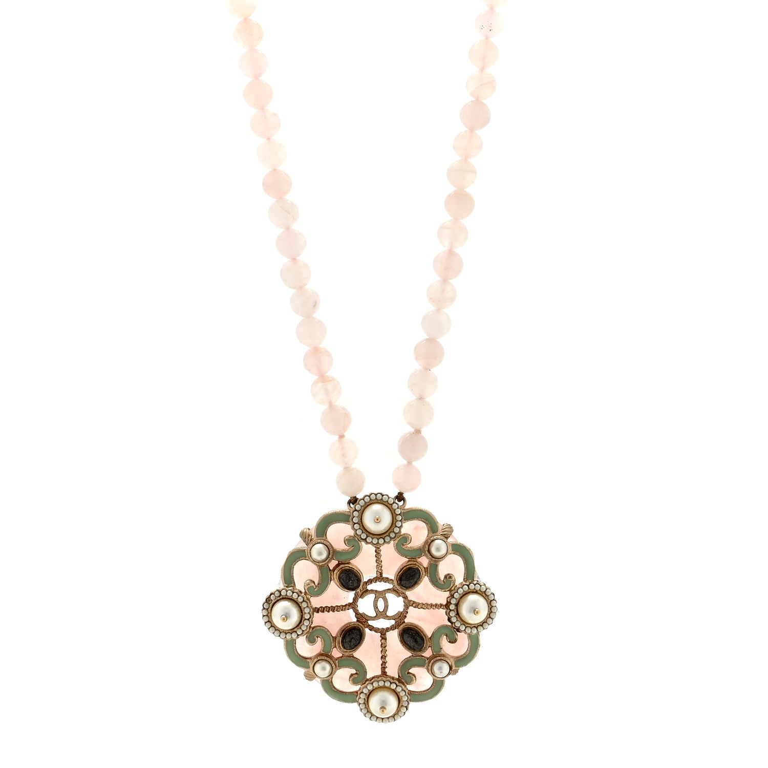 Chanel Rose Quartz Pearl Crystal CC Pendant Necklace Gold 1 of 5