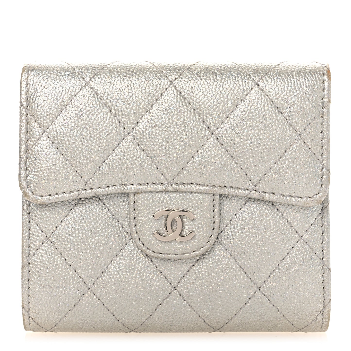 Metallic Caviar Quilted Compact Flap Wallet Silver