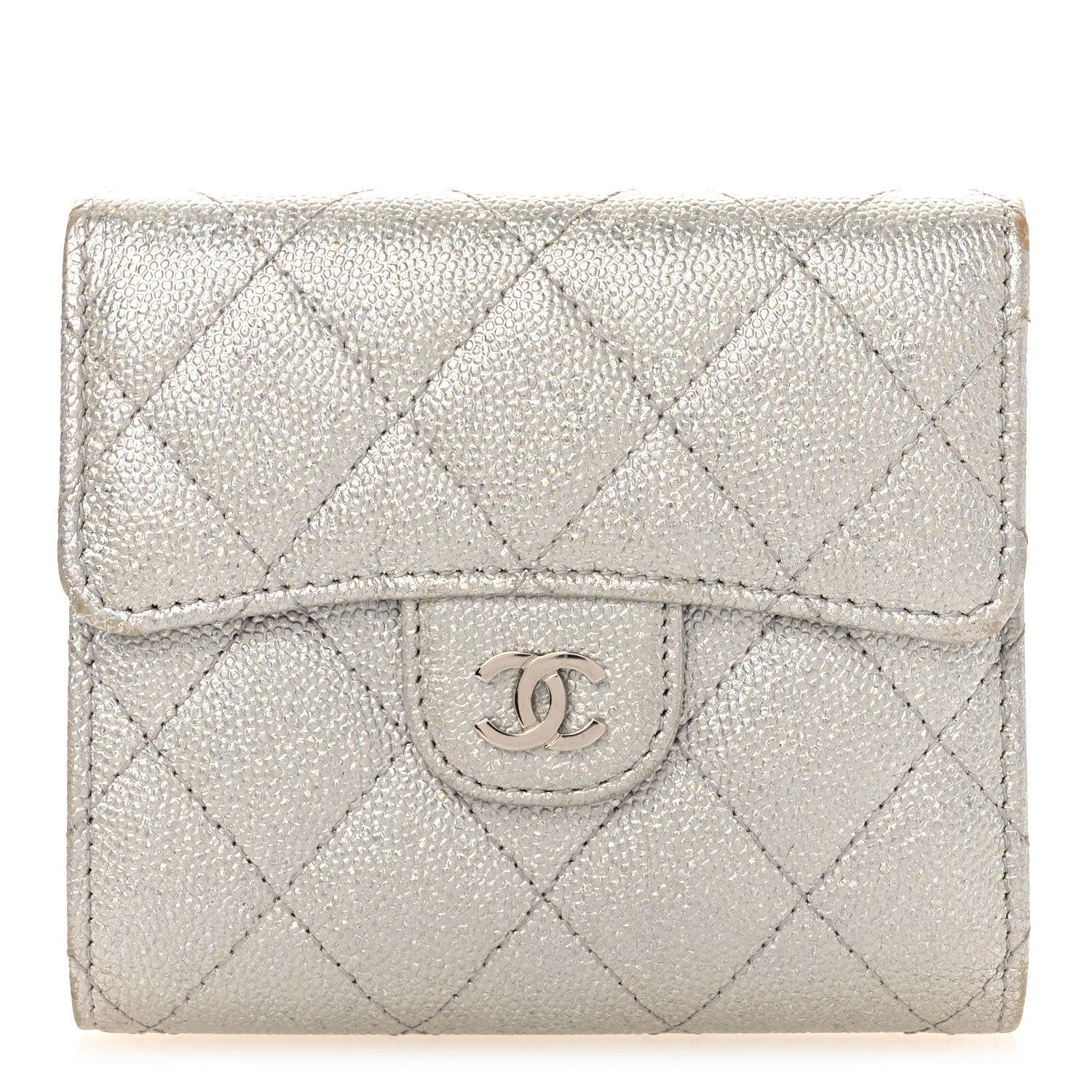Chanel Metallic Caviar Quilted Compact Flap Wallet Silver 1 of 14