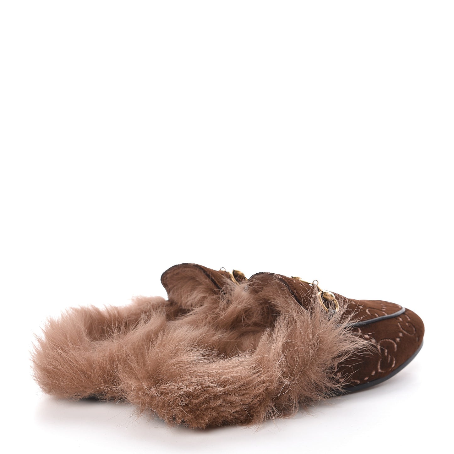 Velvet GG Monogram Fur Womens Princetown Slippers 35.5 Brown Black Natural