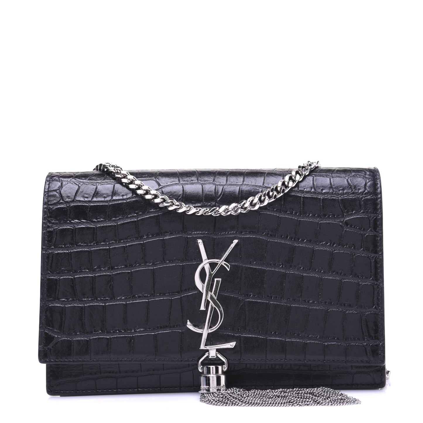 Calfskin Crocodile Embossed Kate Monogram Tassel Chain Wallet Black