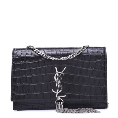 Saint Laurent Calfskin Crocodile Embossed Kate Monogram Tassel Chain Wallet Black 1 of 17