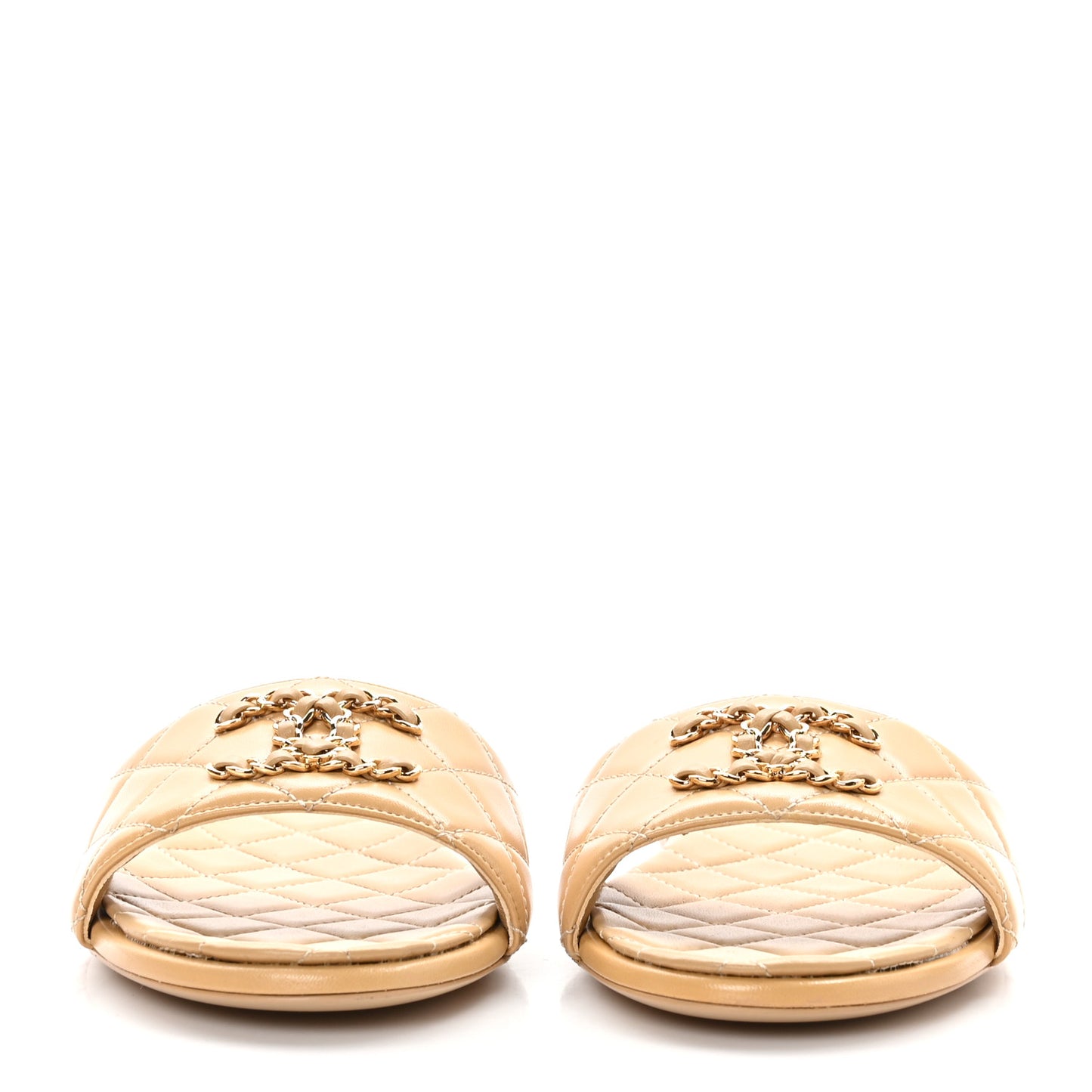 Shiny Goatskin CC Chain Mule Sandals 39 Beige