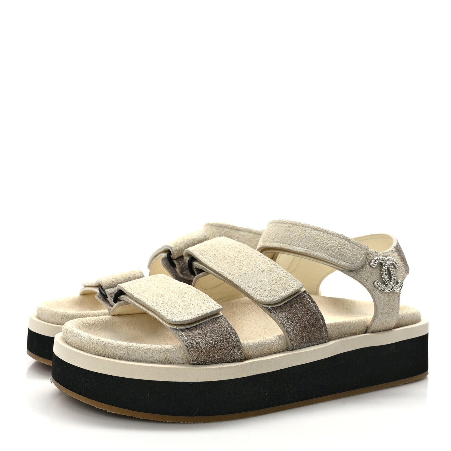 Suede Calfskin Velcro Flat Sandals 37 Ecru Dark Beige