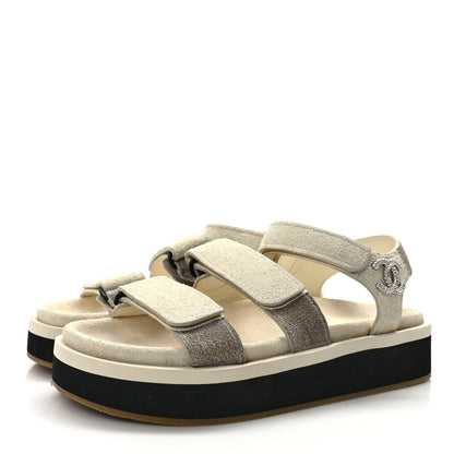 Chanel Suede Calfskin Velcro Flat Sandals 37 Ecru Dark Beige 3 of 8