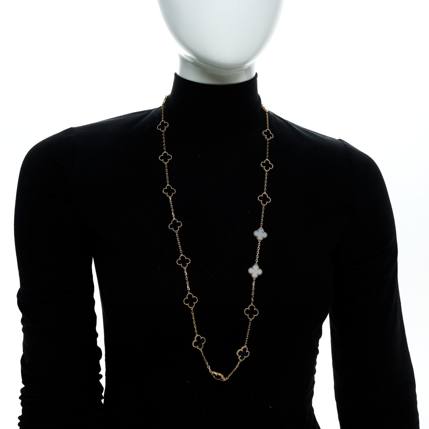 18K Yellow Gold Black Onyx 20 Motifs Vintage Alhambra Necklace