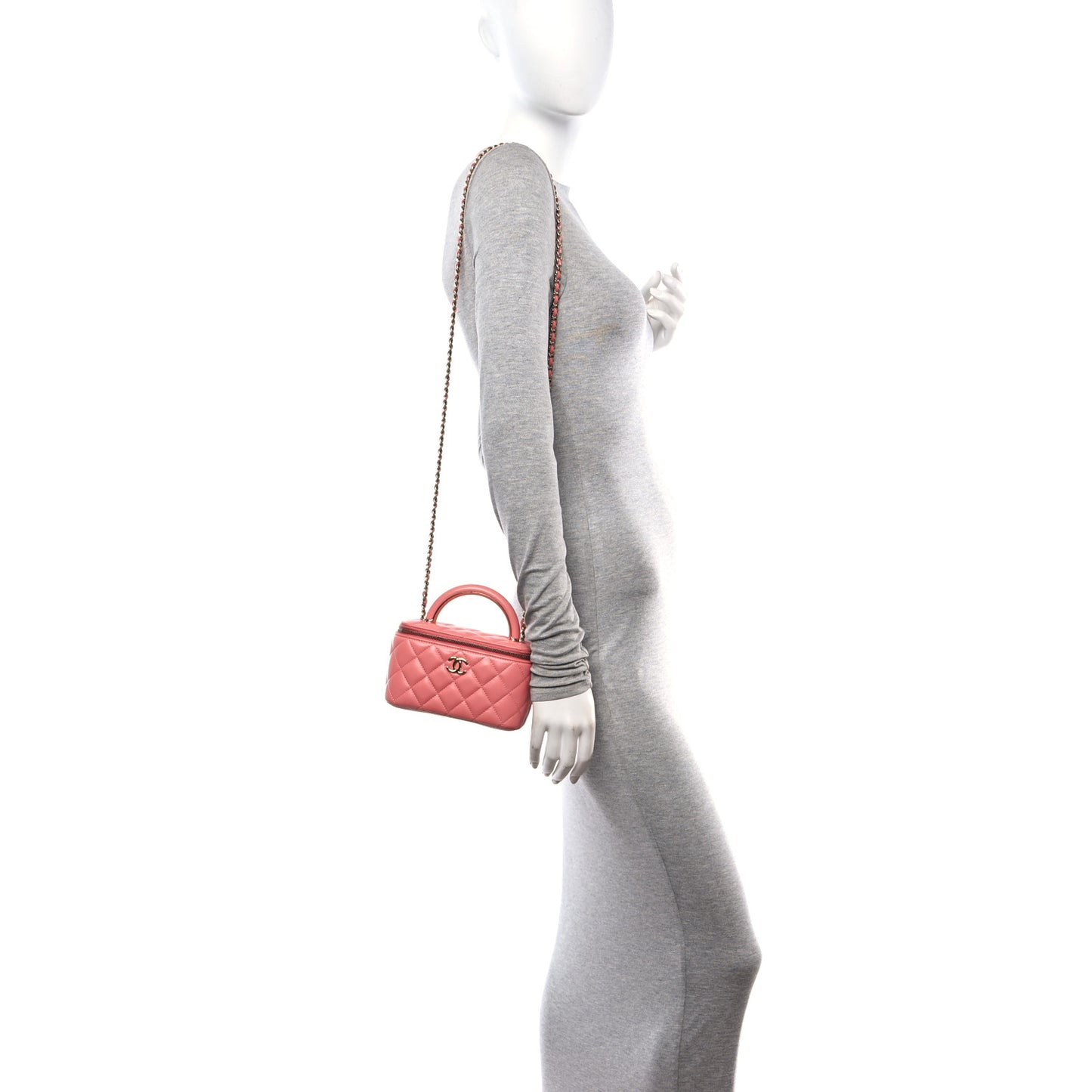 Lambskin Quilted Small Charming Top Handle Vanity Case With Chain Pink