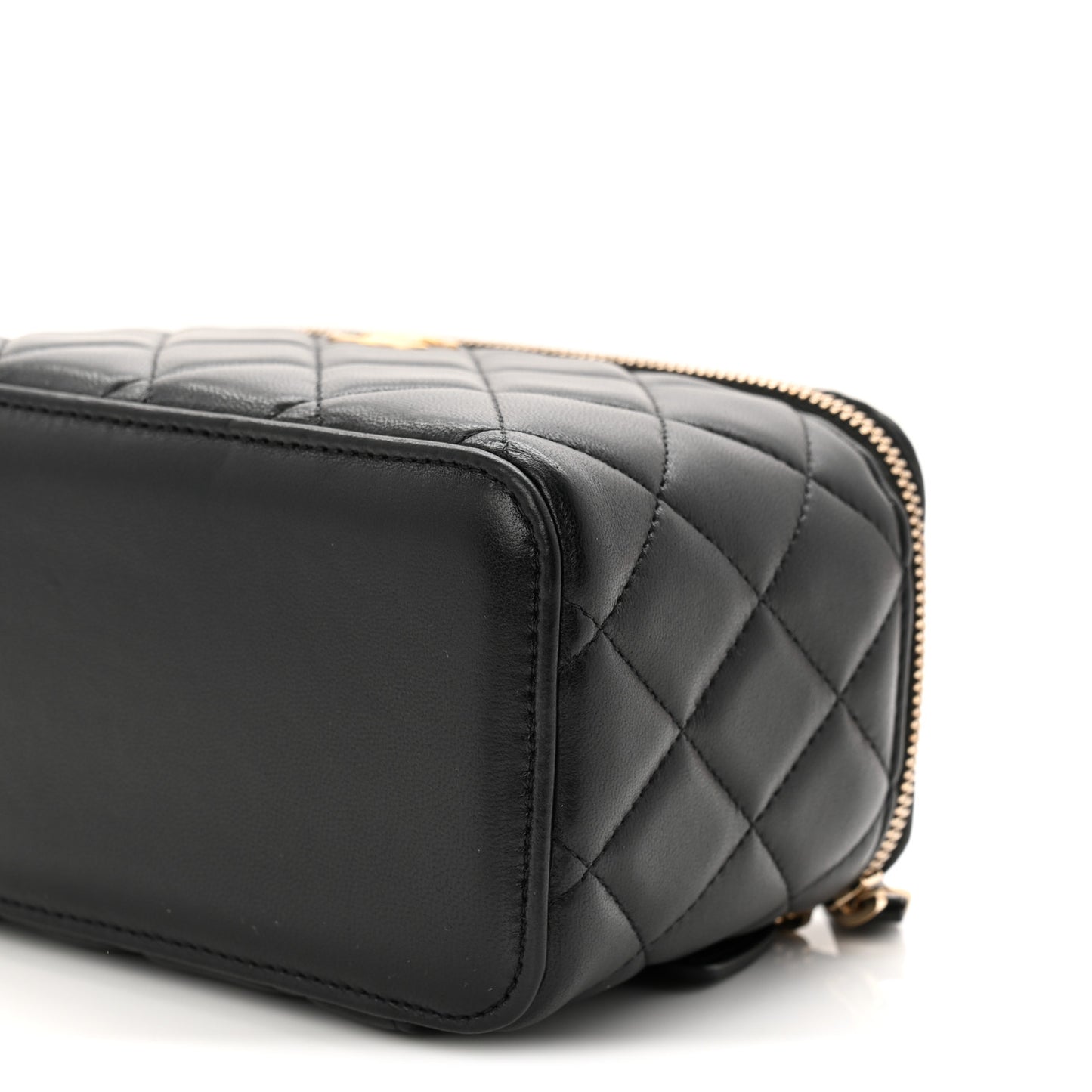Lambskin Quilted Small Top Handle Vanity Case With Chain Black