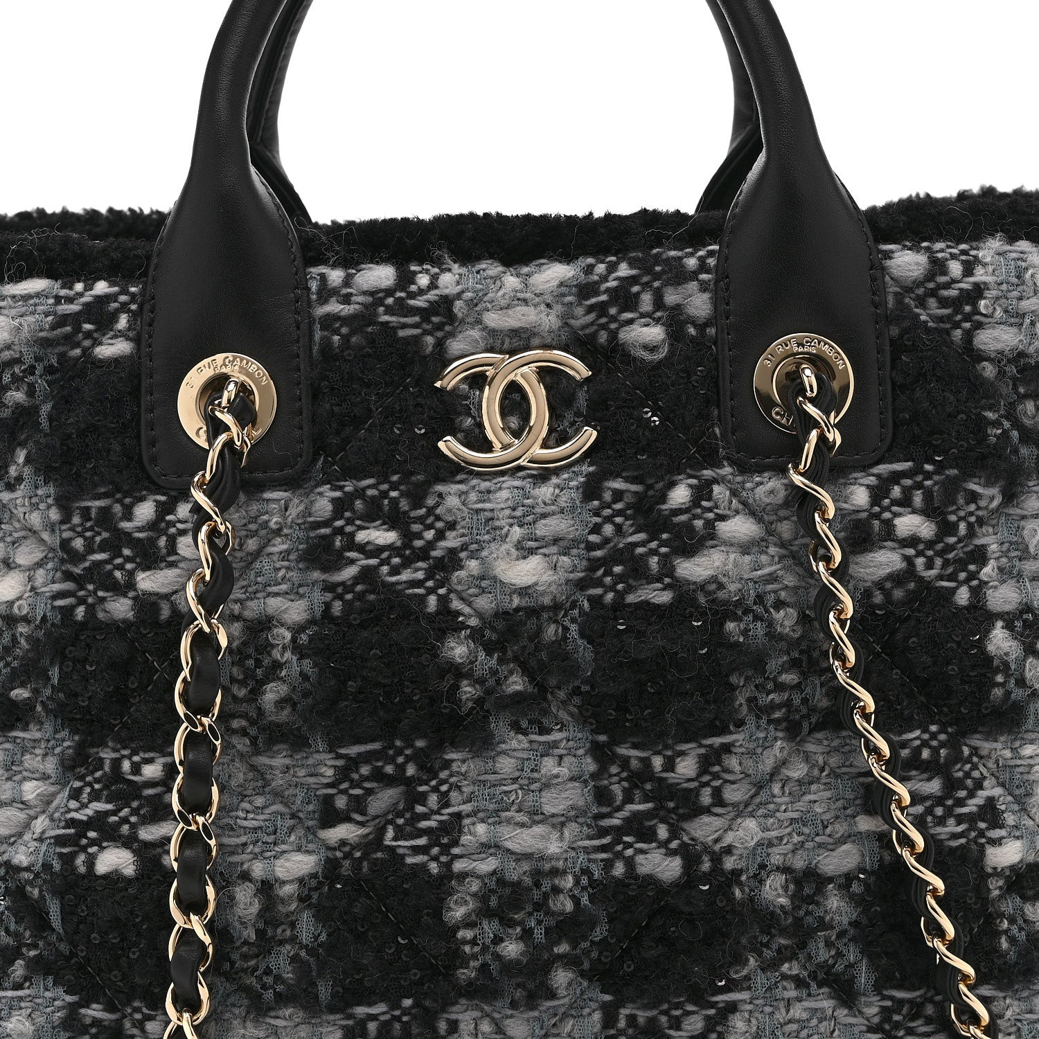 Chanel Tweed Shearling Quilted Lambskin Shopping Tote  Black Grey 8 of 10