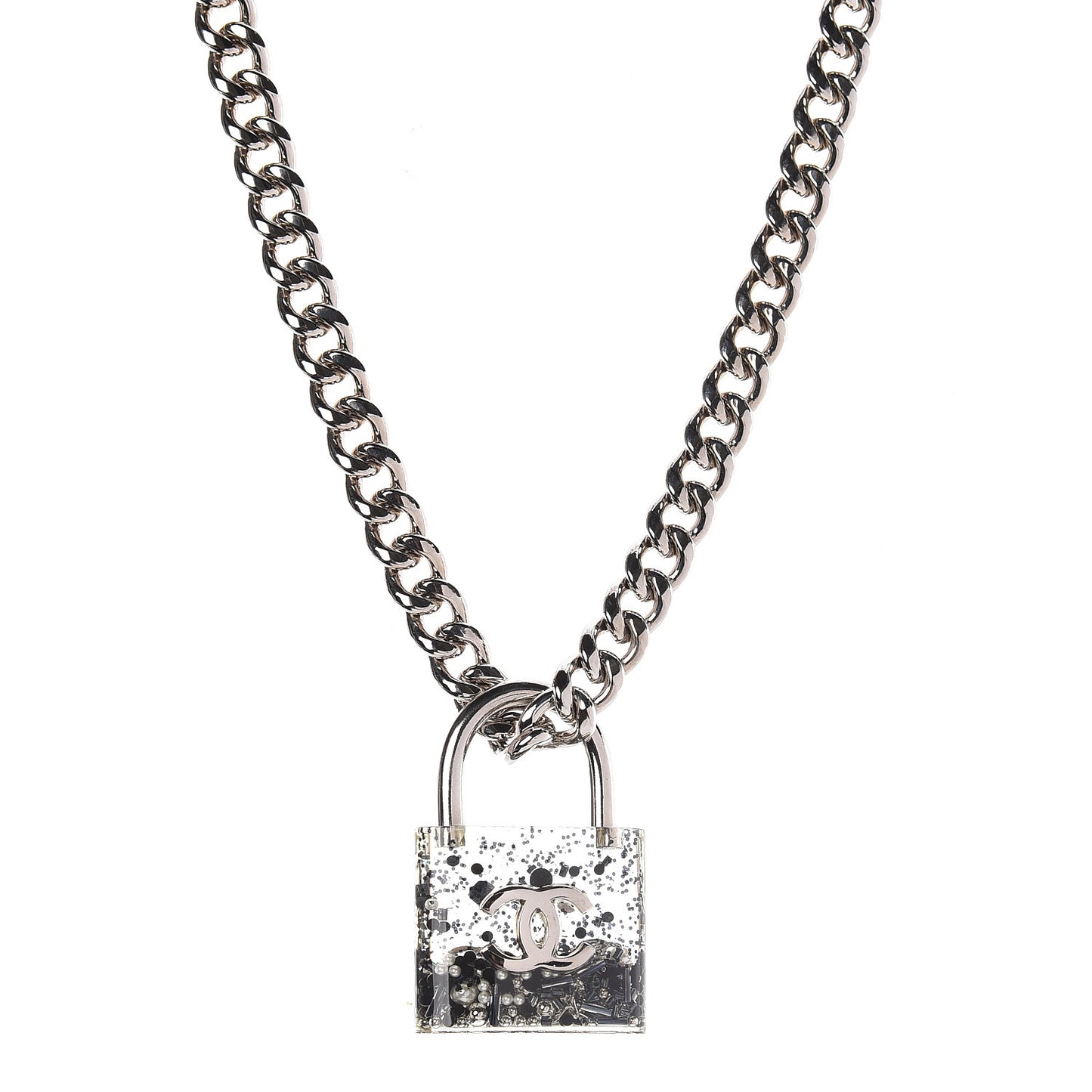 Resin CC Oversized Padlock Chain Necklace Silver Pearly White