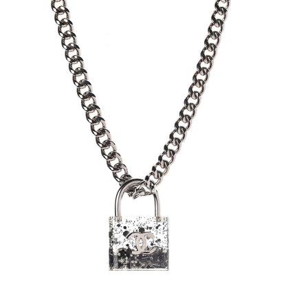 Chanel Resin CC Oversized Padlock Chain Necklace Silver Pearly White 1 of 5