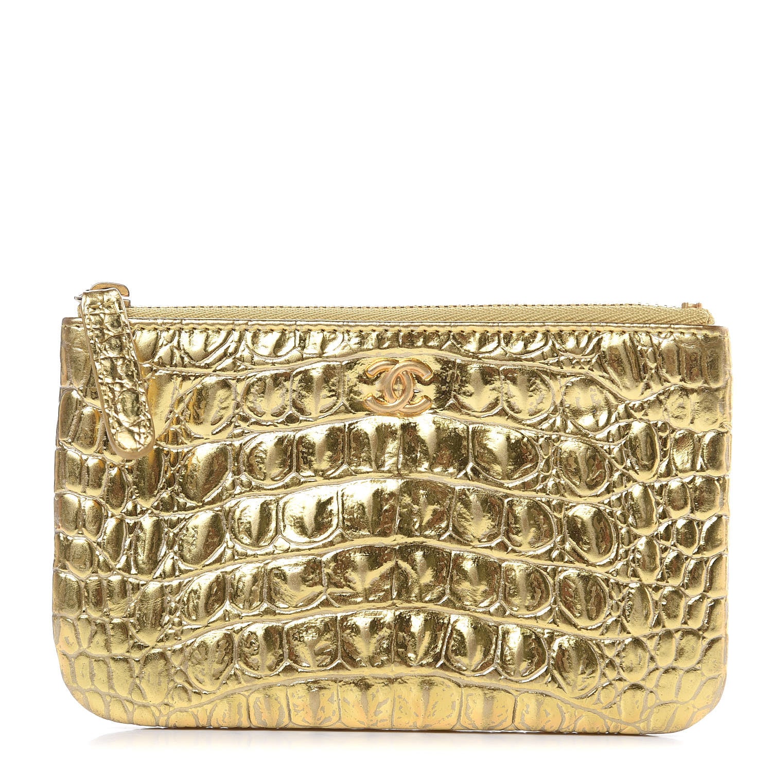 Chanel Metallic Calfskin Crocodile Embossed Cocodile Cosmetic Case Gold 1 of 8
