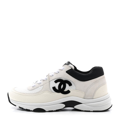 Chanel Mesh Suede Calfskin Grained Calfskin Womens CC Sneakers 39.5 White Black 1 of 12