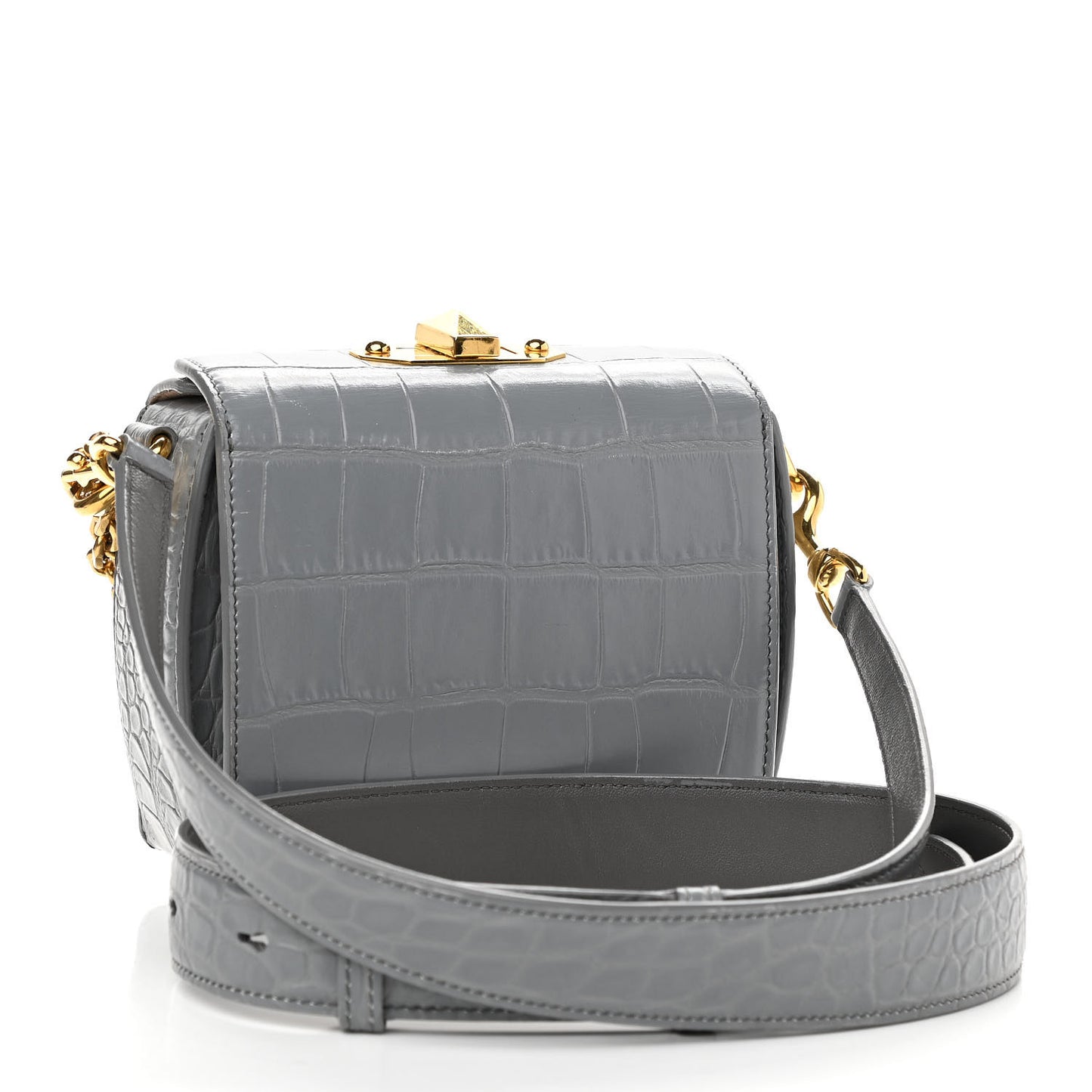 Calfskin Crocodile Embossed Box Shoulder Bag 16 Grey