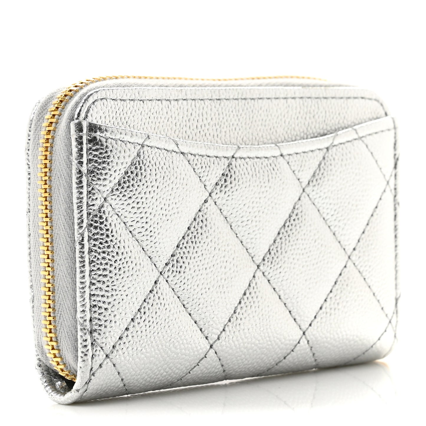 Metallic Caviar Quilted Zip Coin Purse Silver