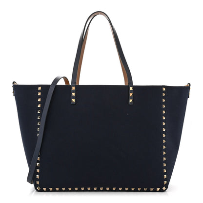 Valentino Garavani Canvas Medium Rockstud Reversible Tote Navy Blue Beige 1 of 17