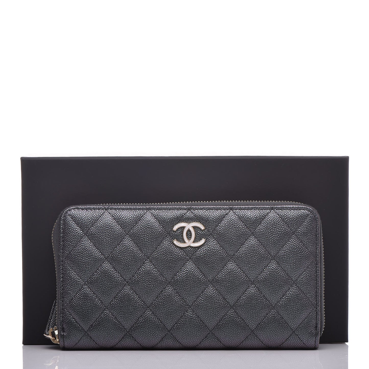 Iridescent Caviar Quilted Long Zip Around Wallet Black