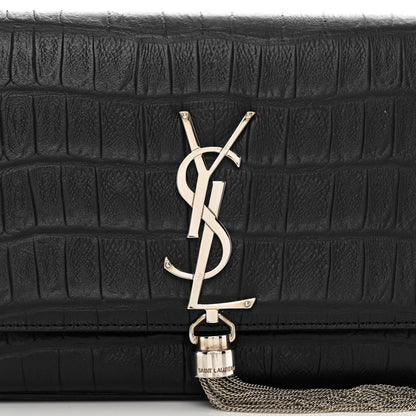 Saint Laurent Calfskin Crocodile Embossed Classic Monogram Tassel Clutch Black 8 of 10