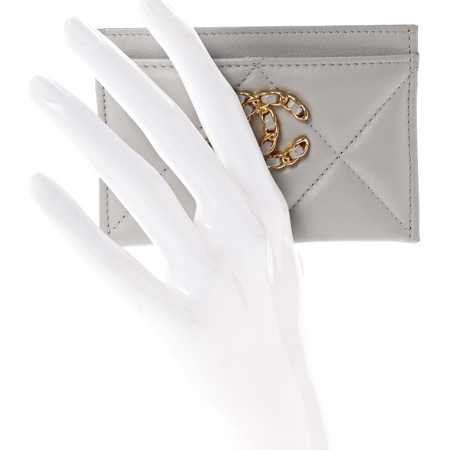 Lambskin Quilted Chanel 19 Card Holder Light Grey