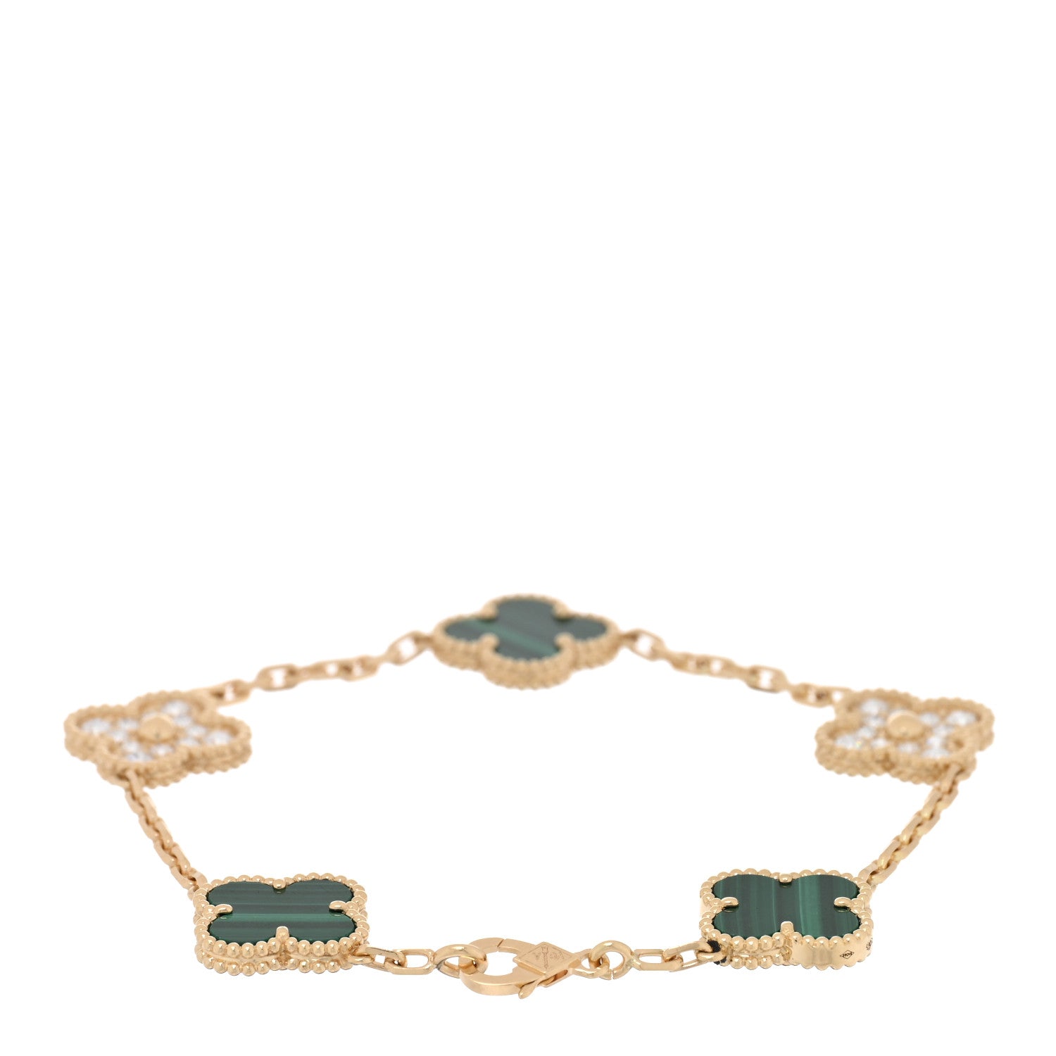 Van Cleef & Arpels 18K Yellow Gold Diamond Malachite 5 Motifs Vintage Alhambra Bracelet 2 of 4