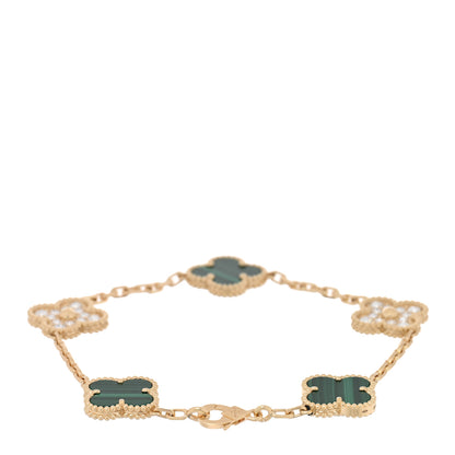 Van Cleef & Arpels 18K Yellow Gold Diamond Malachite 5 Motifs Vintage Alhambra Bracelet 2 of 4