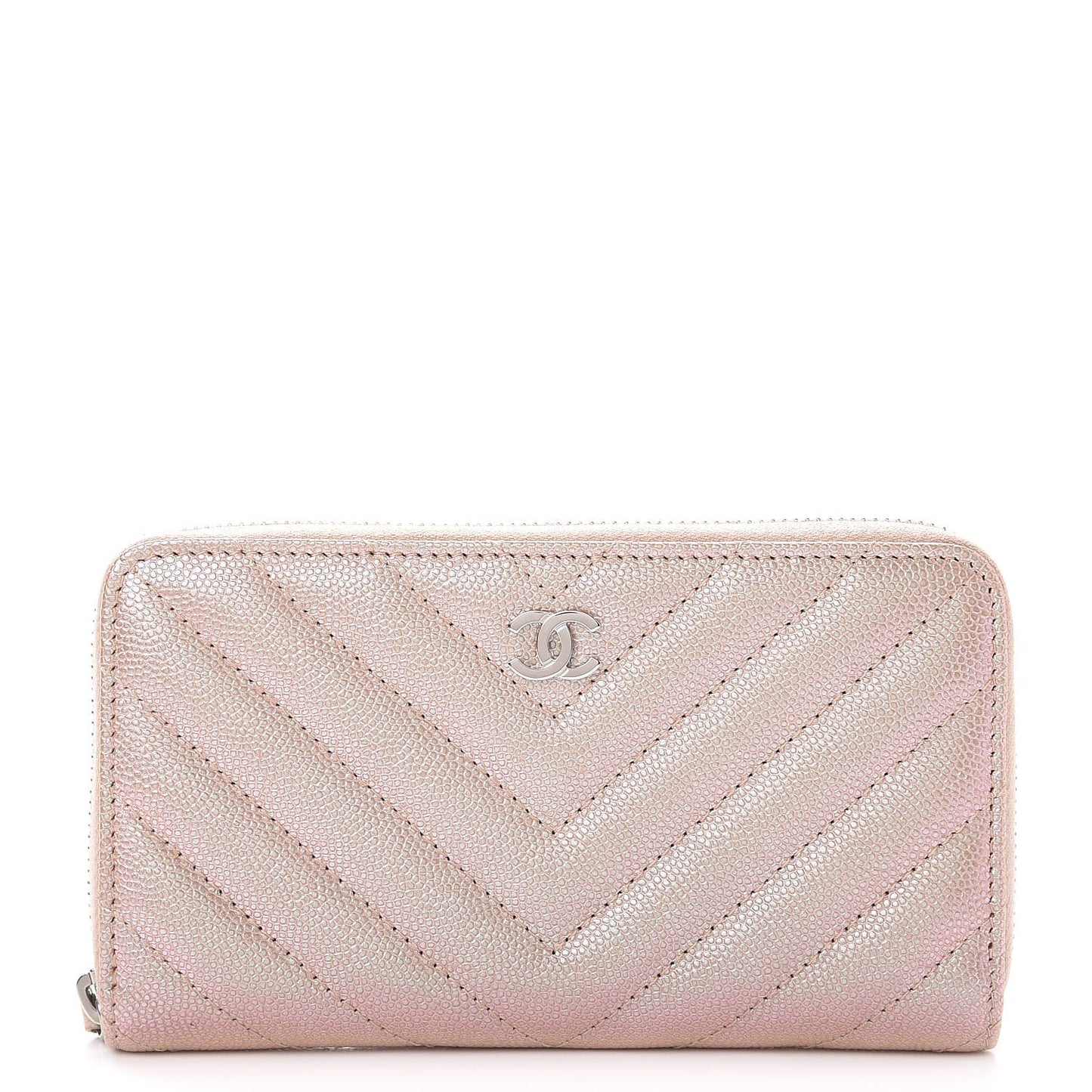 Metallic Caviar Chevron Quilted Small Zip Around Wallet Light Gold