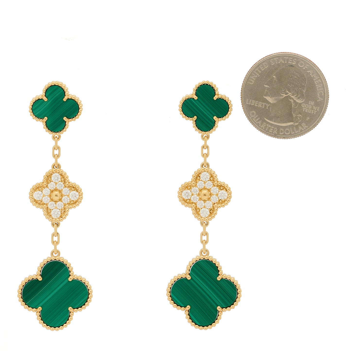 18K Yellow Gold Diamond Malachite 3 Motifs Vintage Alhambra Earrings