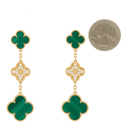 Van Cleef & Arpels 18K Yellow Gold Diamond Malachite 3 Motifs Vintage Alhambra Earrings 2 of 5