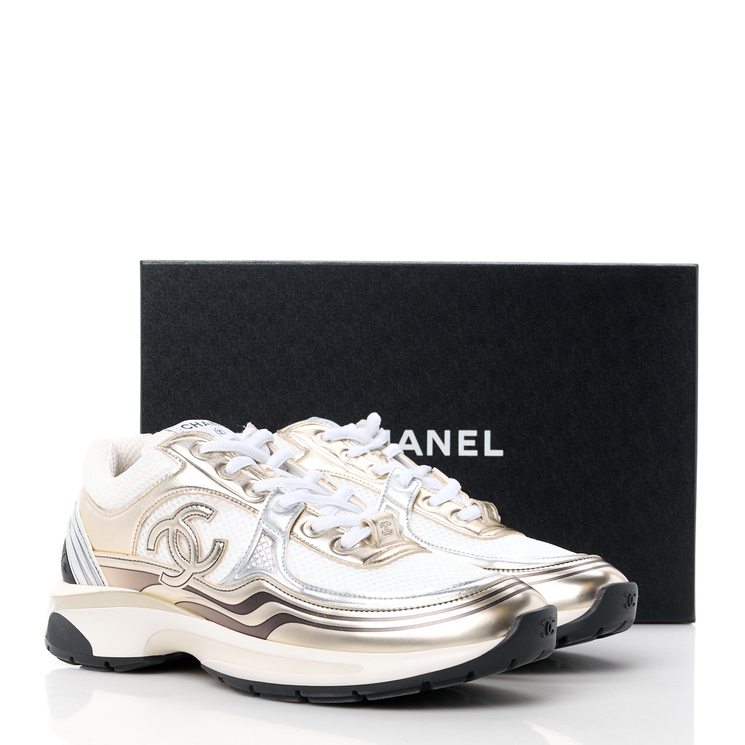 Chanel Fabric Laminated Calfskin Stretch CC Sneakers 41 White Gold Silver 9 of 9