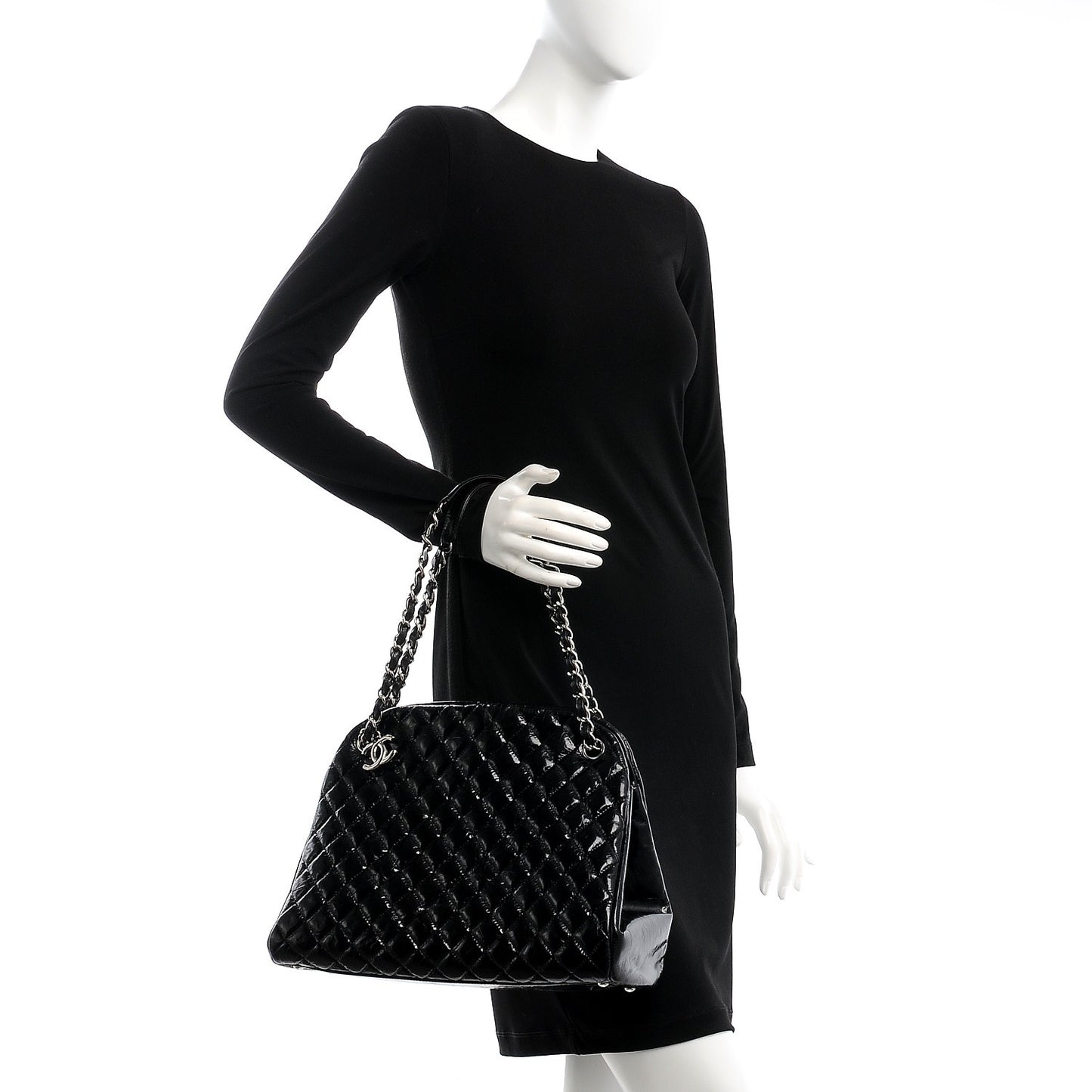 Glazed Calfskin Quilted Large Just Mademoiselle Bowling Bag Black