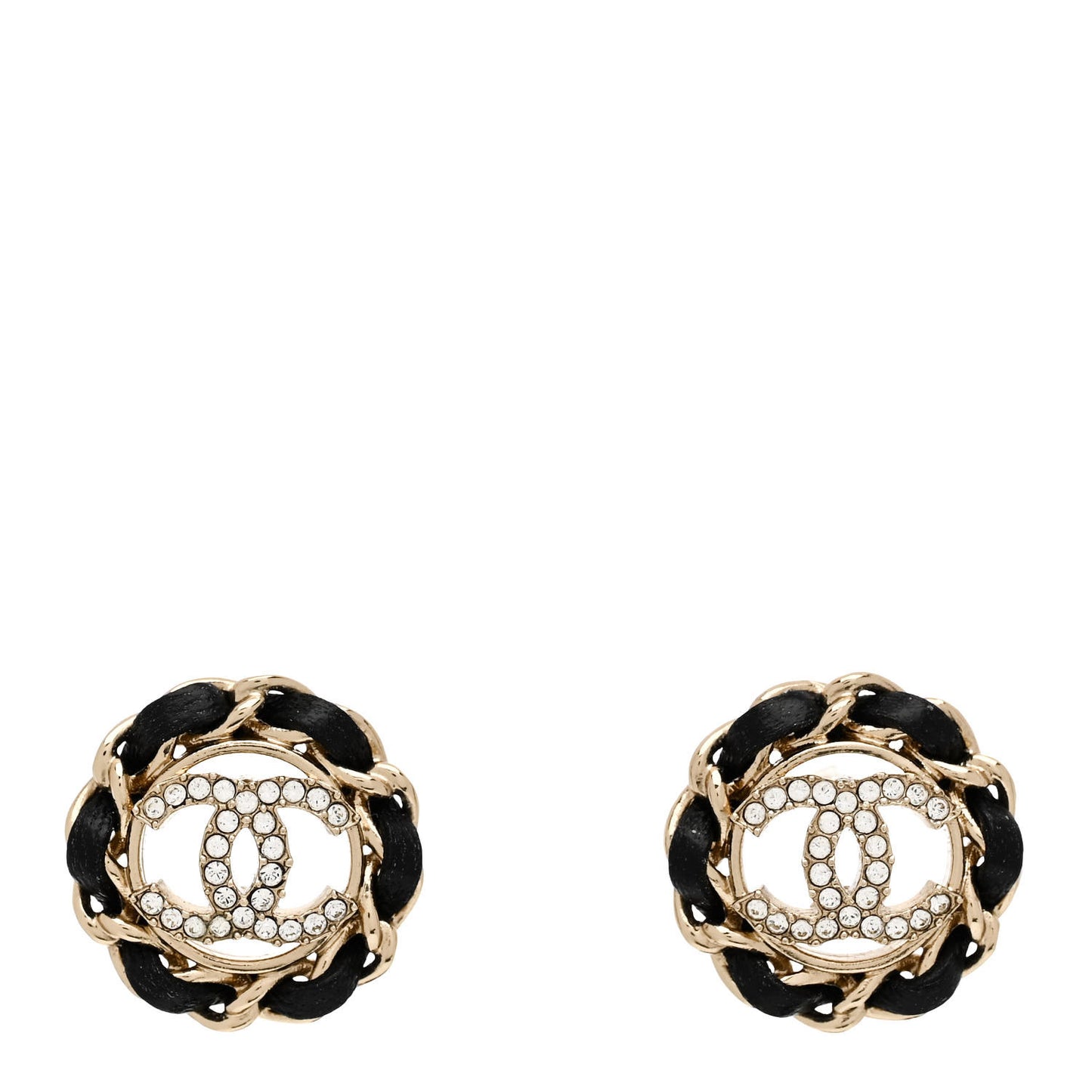 Crystal Lambskin Chain CC Stud Earrings Black Gold