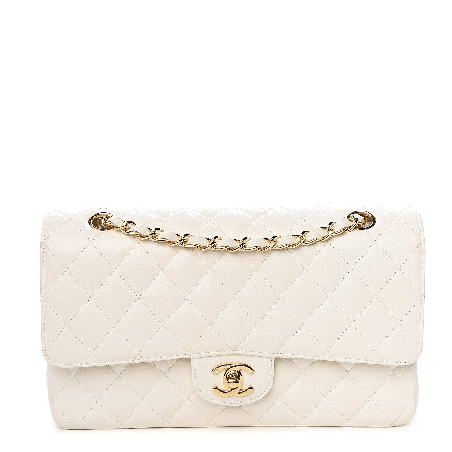 Caviar Quilted Medium Double Flap White