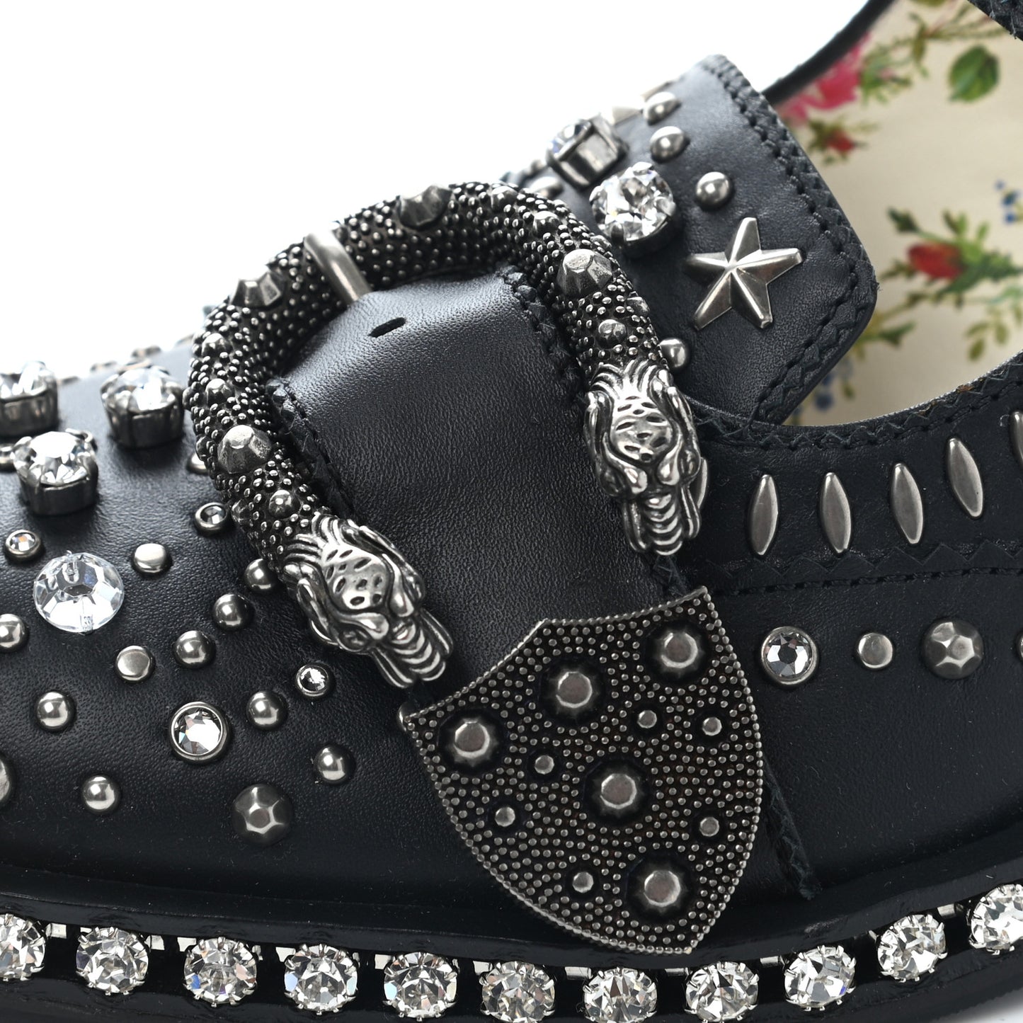 Calfskin Crystal Studded Womens Queercore Brogue Monk Strap Loafers 35.5 Black