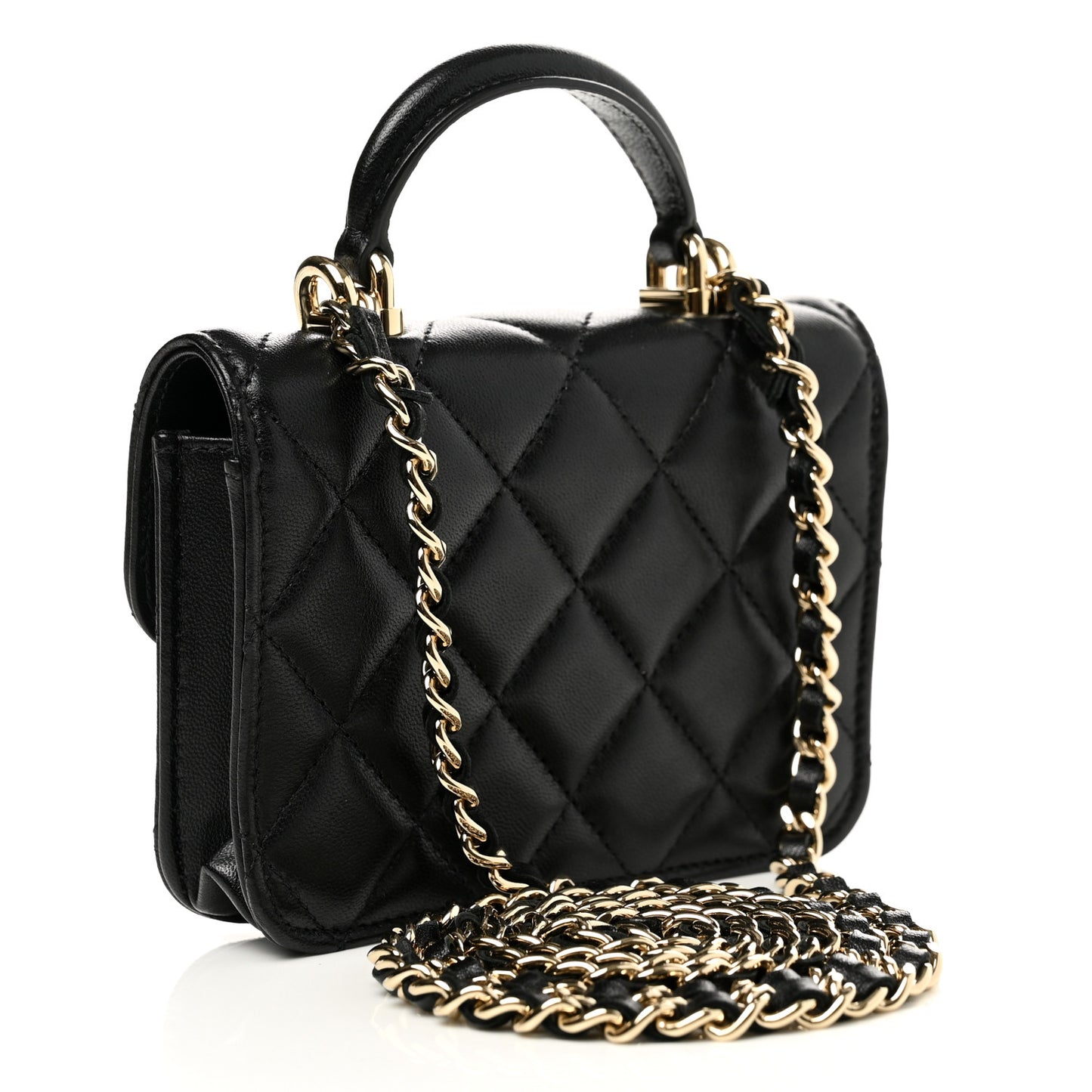 Lambskin Quilted Top Handle Flap Coin Purse With Chain Black