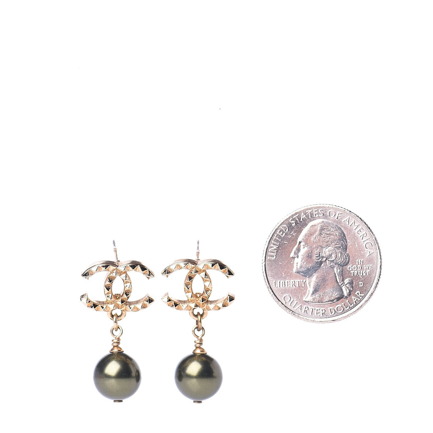 Chanel Pearl CC Drop Earrings Green Gold 2 of 5
