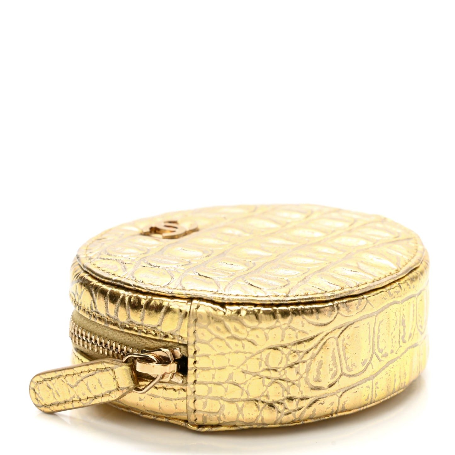 Metallic Calfskin Crocodile Embossed Cocodile Zip Around Classic Coin Purse Gold
