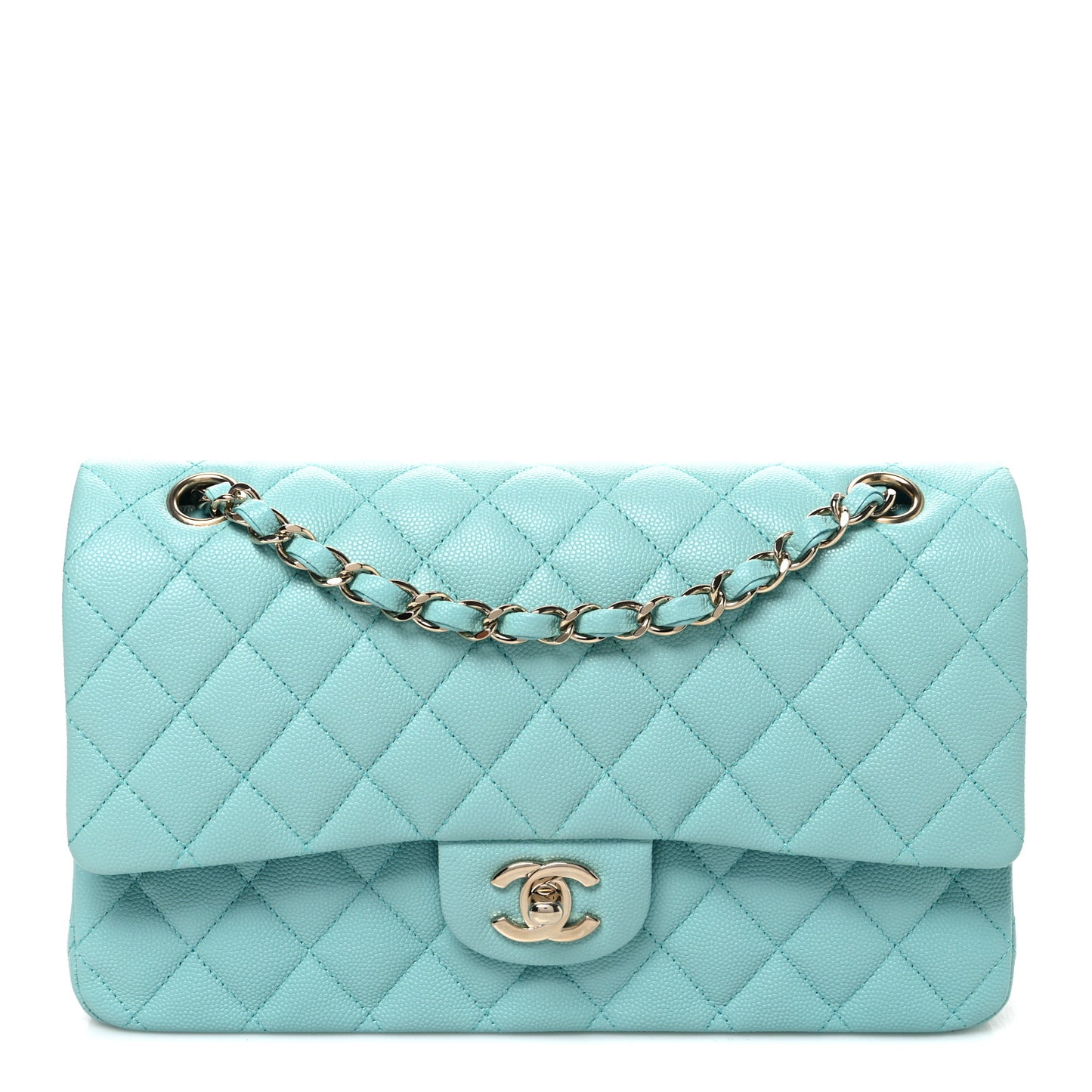Caviar Quilted Medium Double Flap Light Blue