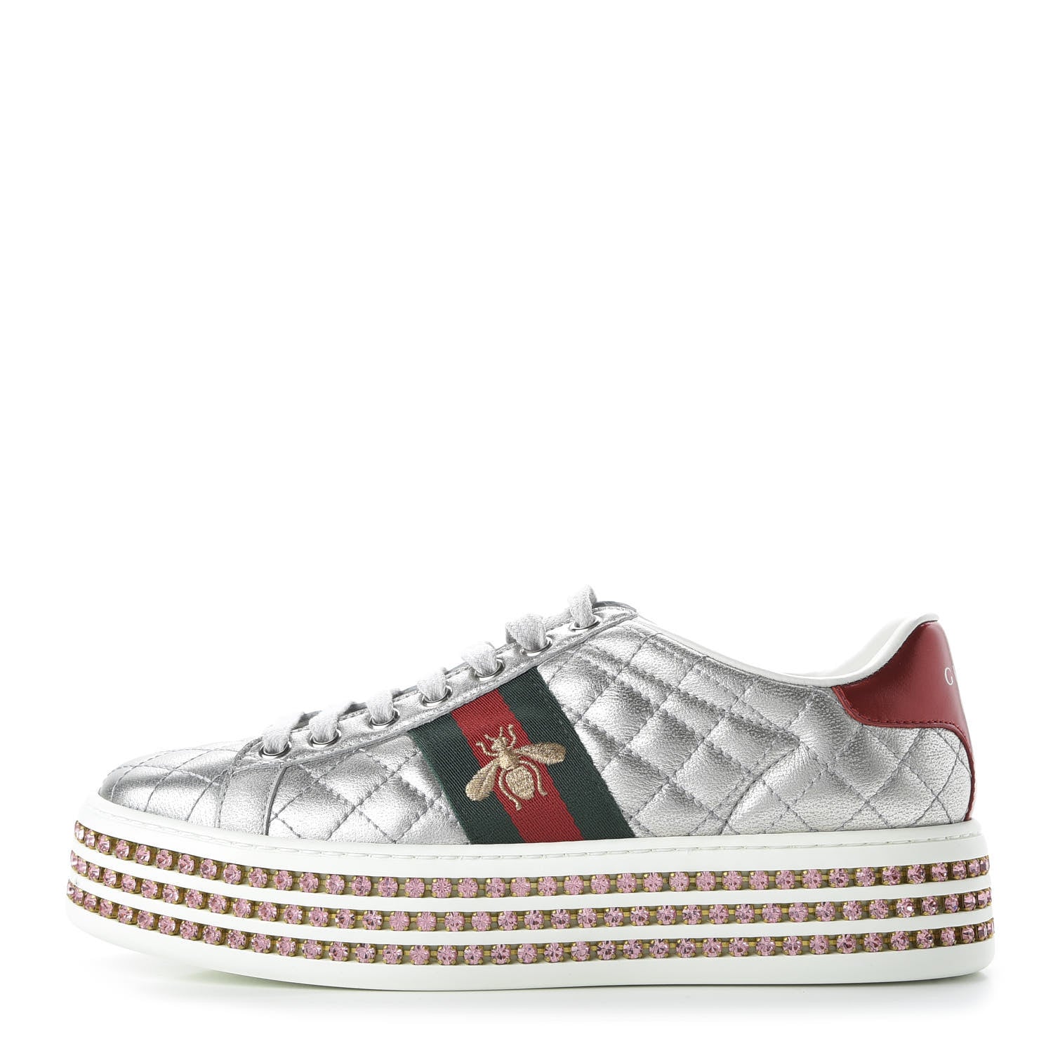 Gucci Laminated Nappa Crystal Web Bee Embroidered Trapuntata Womens Ace Platform Sneakers 36 Argento 1 of 9