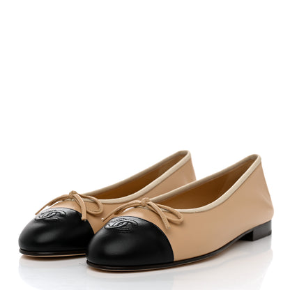 Chanel Lambskin Cap Toe CC Ballerina Flats 38 Beige Black 3 of 9