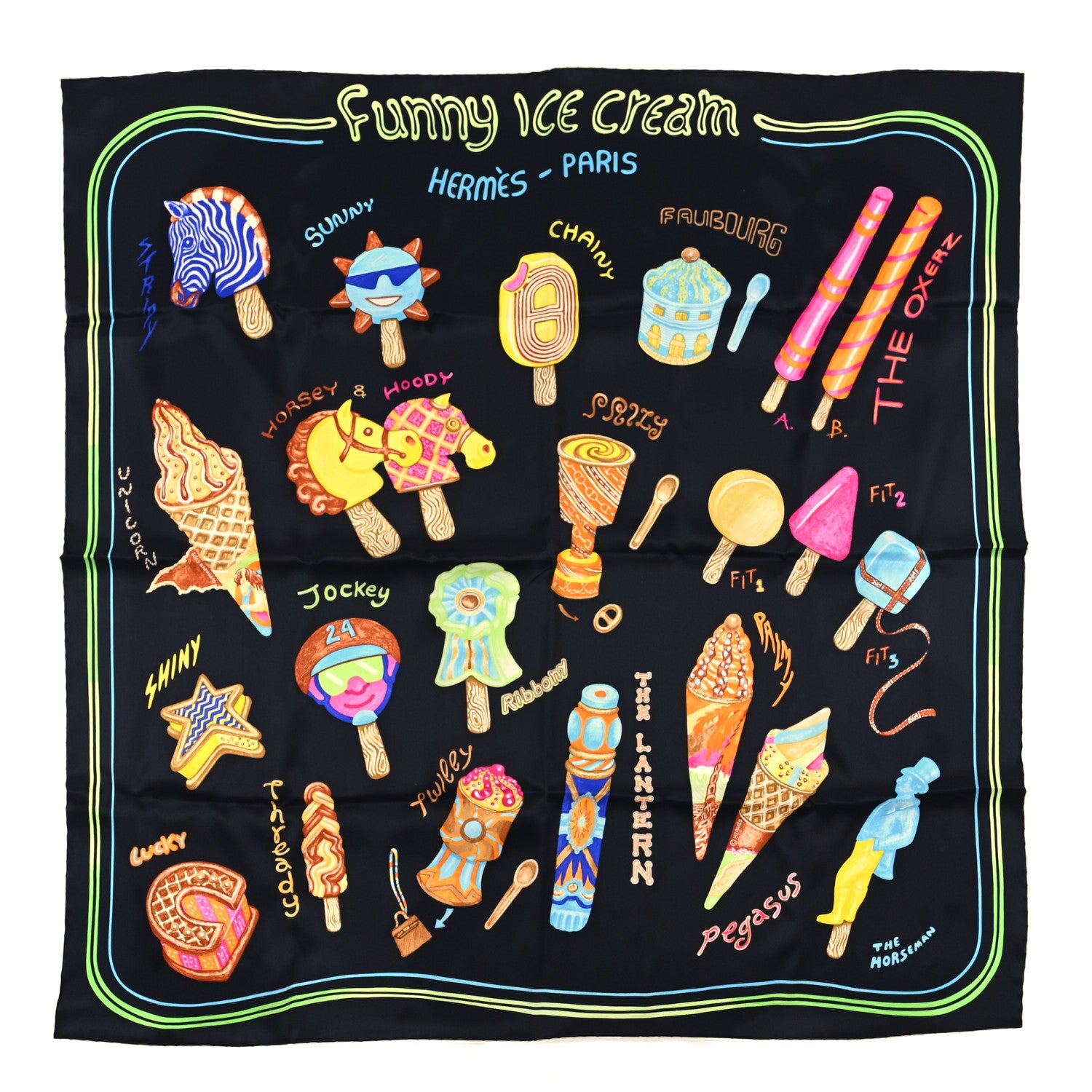 Hermes Silk Funny Ice Cream Scarf 70 Black Jaune Multicolor 1 of 3