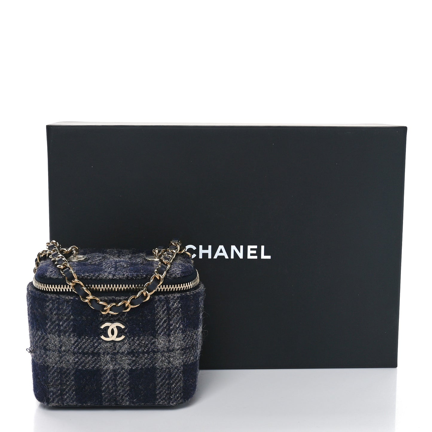 Wool Plaid Quilted Mini Vanity Case With Chain Blue