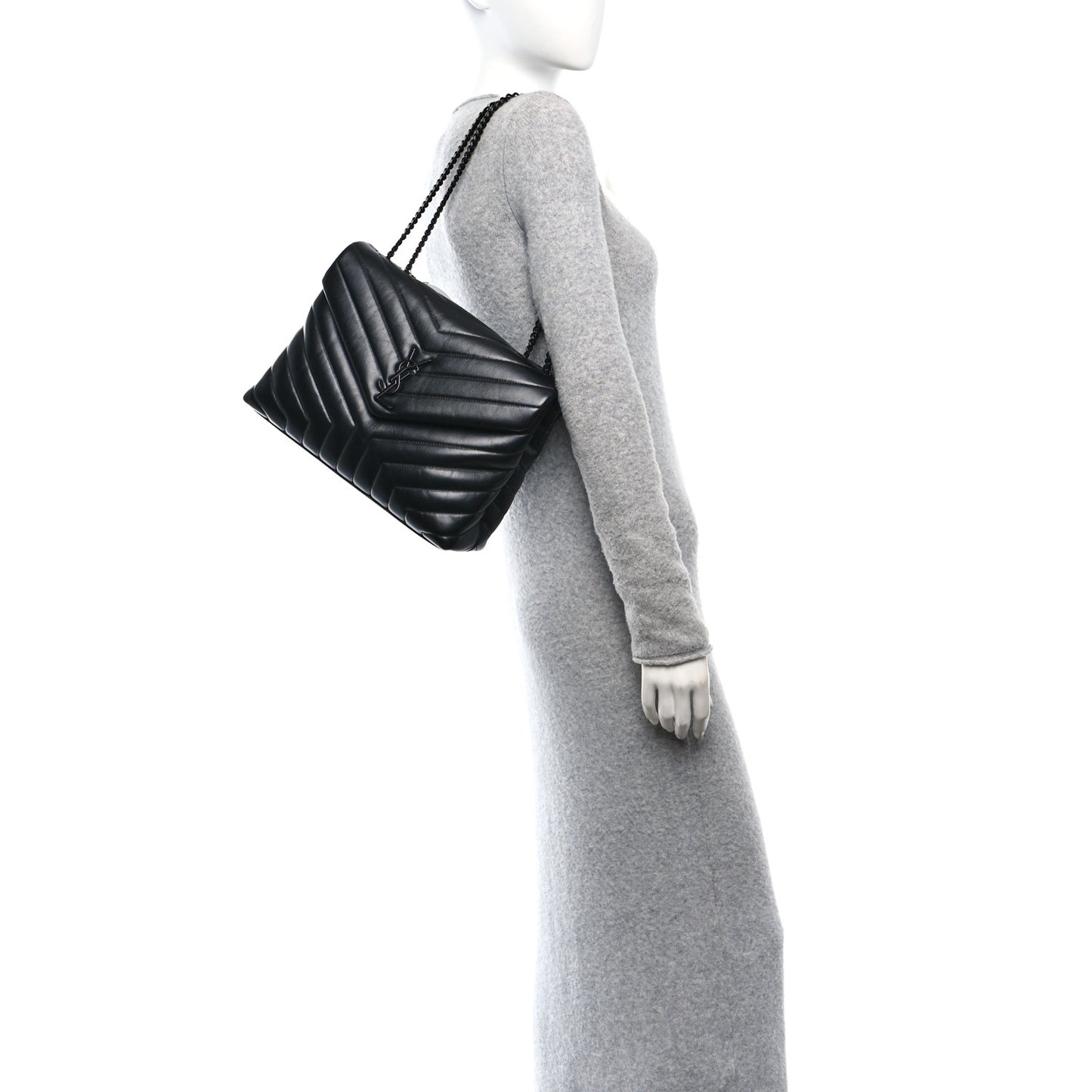 Calfskin Y Quilted Monogram Monochrome Medium Loulou Chain Satchel Black